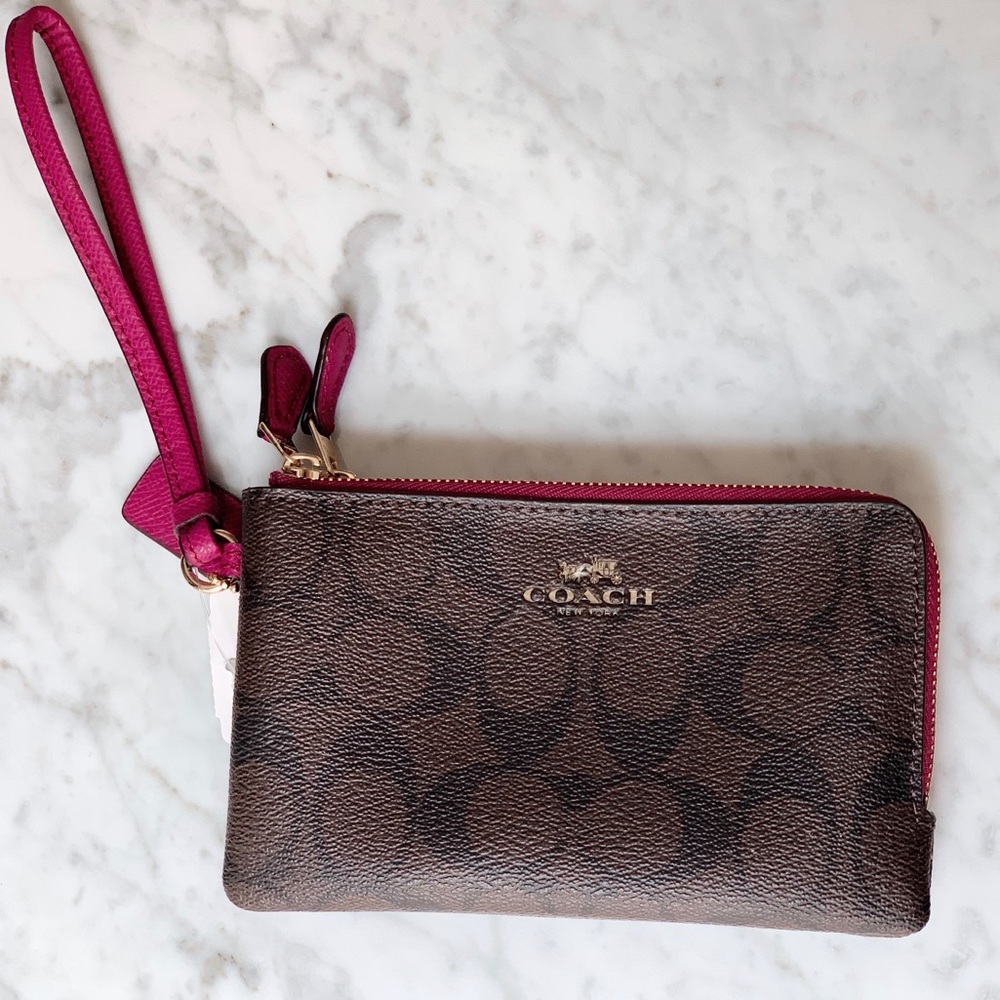 NEW COACH BROWN LEATHER & PINK WALLET PURSE (gold)